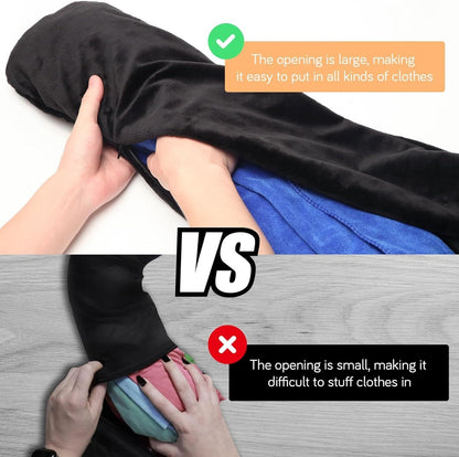 Best gifts ever for travelers that want to save money on luggage fees. Large opening travel pillowcase.