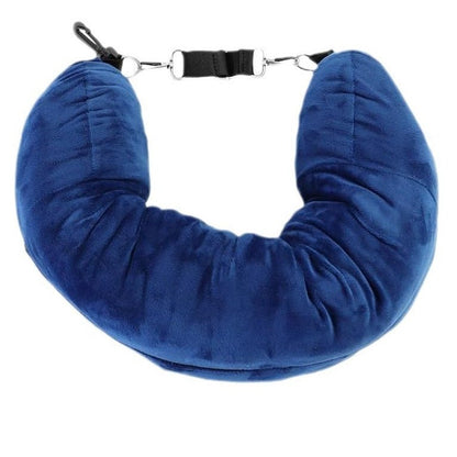 Smart fillable travel pillow clipped to carry-on luggage, packed with clothes to save suitcase space