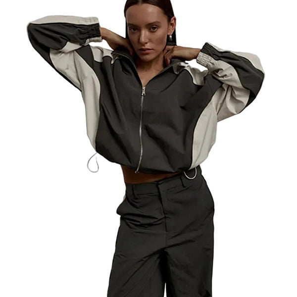 Casual Pant Suit for Women – Color‑Blocked Drawstring Tracksuit Set | Perfect Travel Outfit with Jacket & Long Pants