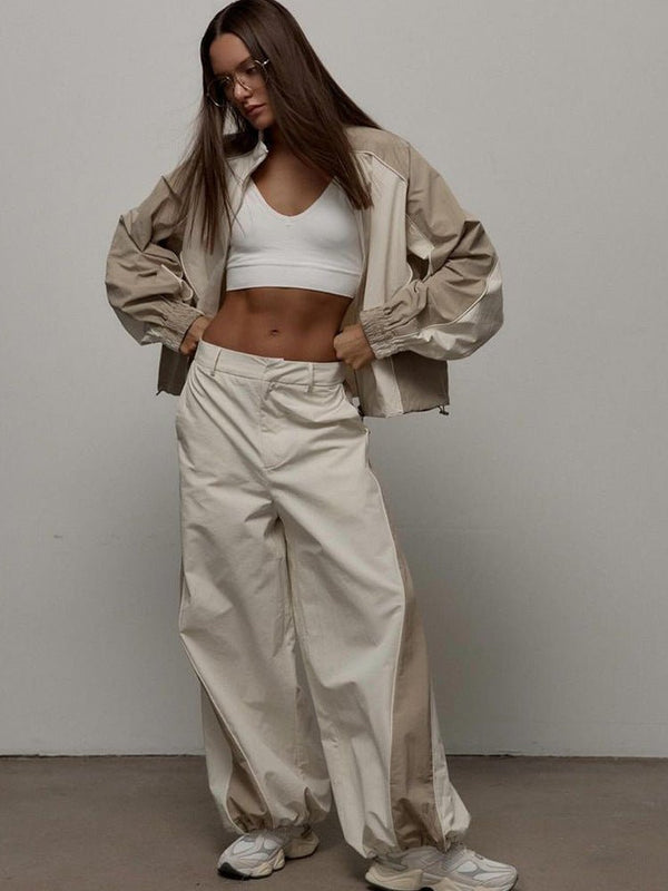 Casual Pant Suit for Women – Color‑Blocked Drawstring Tracksuit Set | Perfect Travel Outfit with Jacket & Long Pants