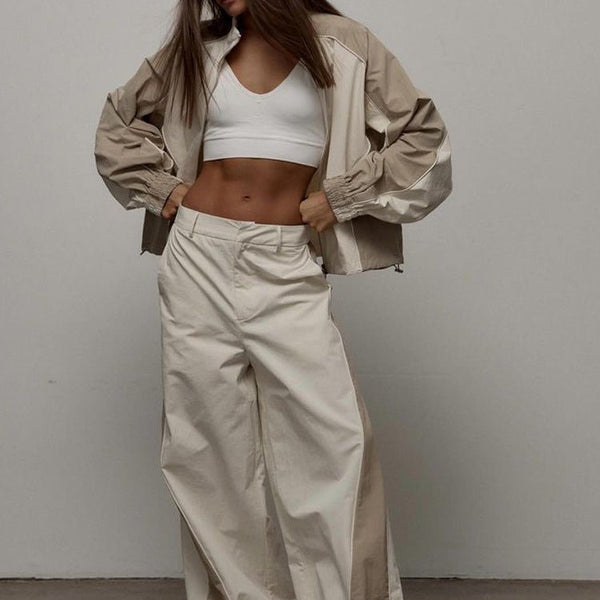 Casual Pant Suit for Women – Color‑Blocked Drawstring Tracksuit Set | Perfect Travel Outfit with Jacket & Long Pants