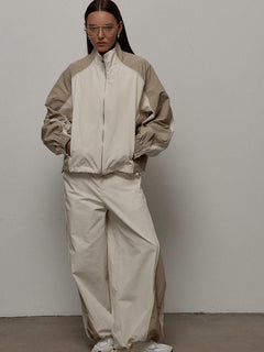 women drawstring tracksuit pants and jacket. Tailored travel outfit for women