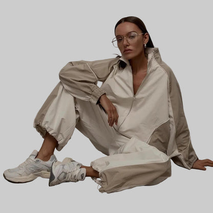 Casual Pant Suit for Women – Color‑Blocked Drawstring Tracksuit Set | Perfect Travel Outfit with Jacket & Long Pants