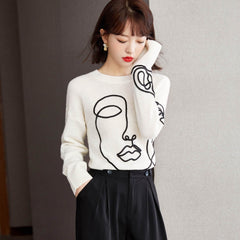 Chic Abstract Pattern Women's Sweater - Cozy Knit Round Neck Pullover for Casual Wear and Work Outfits. Trendsetting clothing for women. Trendsetter style.