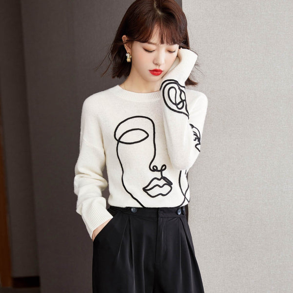 Chic Abstract Pattern Women's Sweater - Cozy Knit Round Neck Pullover for Casual Wear and Work Outfits