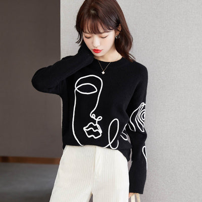 Chic Abstract Pattern Women's Sweater - Cozy Knit Round Neck Pullover for Casual Wear and Work Outfits - Best Gifter Ever: Everyday Items and Unique Gifts for Ski, Snowboard, Travel, and More