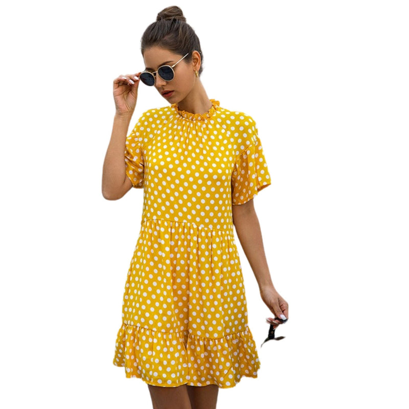 Yellow shifon polka dot dress. Summer dress with polka dots. Flowy comfortable dress for women. Best travel dress. Best dress for date. Business outfit. Business dress,
