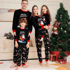 Christmas Family Matching Pajamas – Santa Backpack & Snow Ski Print, Black Sleepwear Set