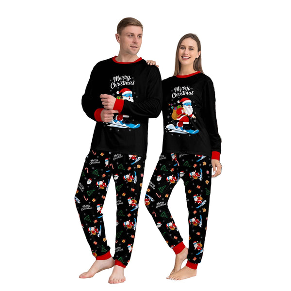 Christmas Family Matching Pajamas – Santa Backpack & Snow Ski Print, Black Sleepwear Set