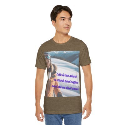 Unique gift for coffee lovers who ski. Unisex soft cotton t-shirt gift idea.