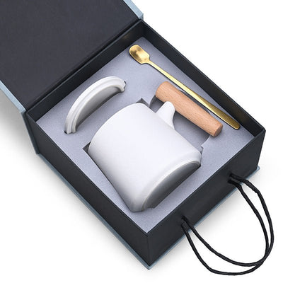 Deluxe Ceramic Mug Gift Set I Stylish 12oz Coffee Cup with Lid & Gold Spoon I Gift Packaging
