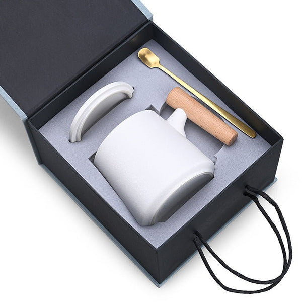 Deluxe Ceramic Mug Gift Set I Stylish 12oz Coffee Cup with Lid & Gold Spoon I Gift Packaging