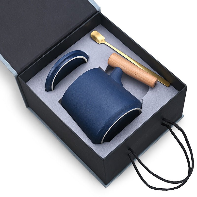 Deluxe ceramic mug gift set with 12oz coffee cup, gold spoon, wooden handle lid, and foam-padded gift box