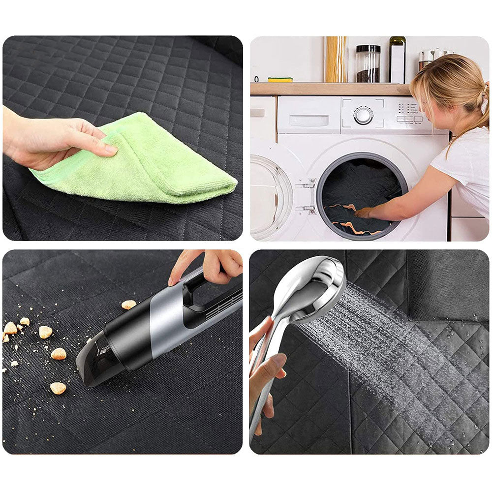 Waterproof dog seat cover being wiped, vacuumed, rinsed and machine washed