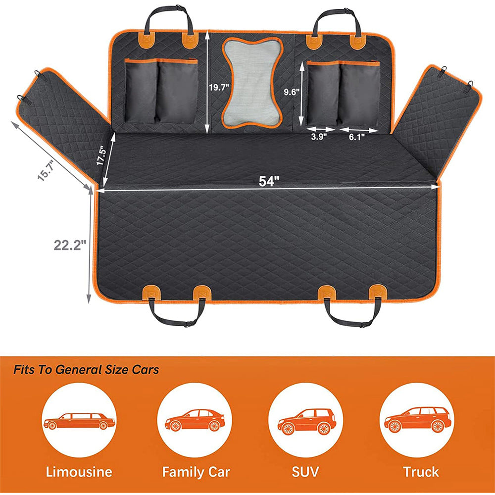 Dog car seat cover laid flat with measurements, 54 inches wide with side flaps, fits cars, SUVs and trucks