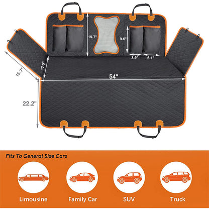 Dog car seat cover laid flat with measurements, 54 inches wide with side flaps, fits cars, SUVs and trucks