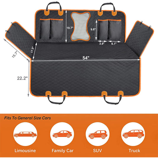 Dog car seat cover laid flat with measurements, 54 inches wide with side flaps, fits cars, SUVs and trucks