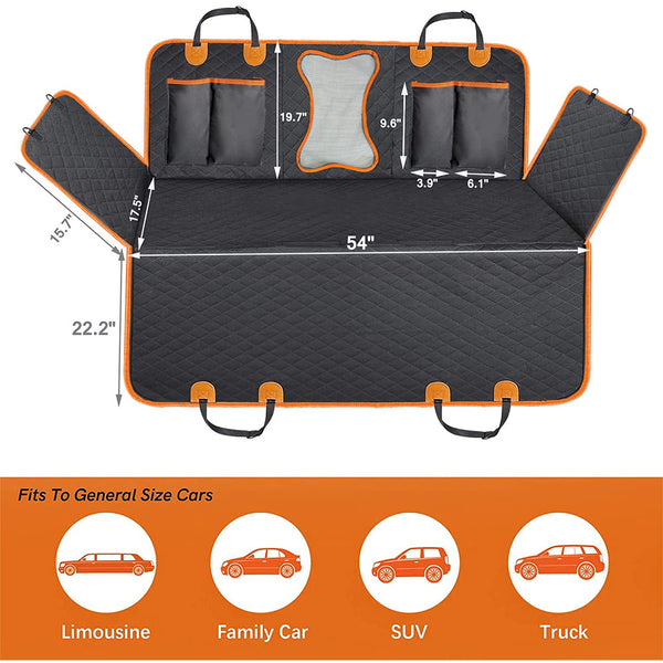 Dog car seat cover laid flat with measurements, 54 inches wide with side flaps, fits cars, SUVs and trucks