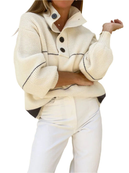 Effortless Elegance Waffle-Knit Half Button Pullover Sweater with Polo Collar. Polo sweater. Waffle-knit sweater. Half button sweater. Polo collar sweater. Striped pullover. 