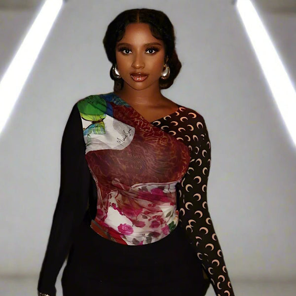 Elegant Black Floral V-Neck Slim Fit Long Sleeve Top – Designer-Inspired Style for Women | Perfect for Work & Everyday Chic