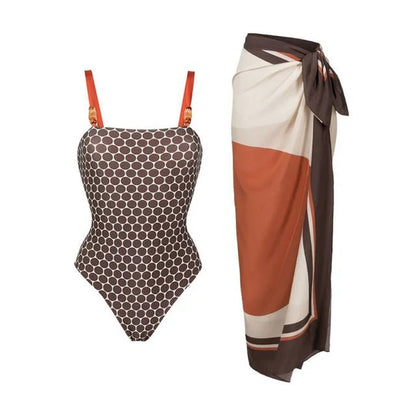 Elegant Reversible One - Piece Swimsuit with Matching Sarong - Perfect for Stylish Beach Outfits. Best gifts for summer from fun shop!