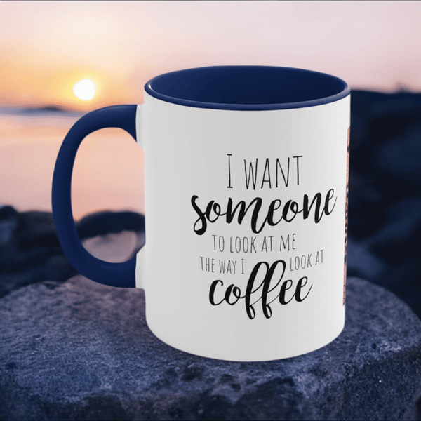 Eye-Catching Two-Tone Coffee Mug: ‘Look at Me Like I Look at Coffee’. Playful and Romantic Cup.