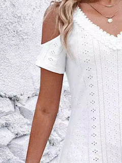 eyelet mini dress lace detail and shoulder coverage close up
