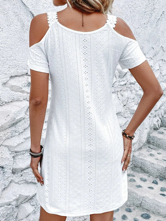 black eyelet mini dress cold shoulder beach style - back view