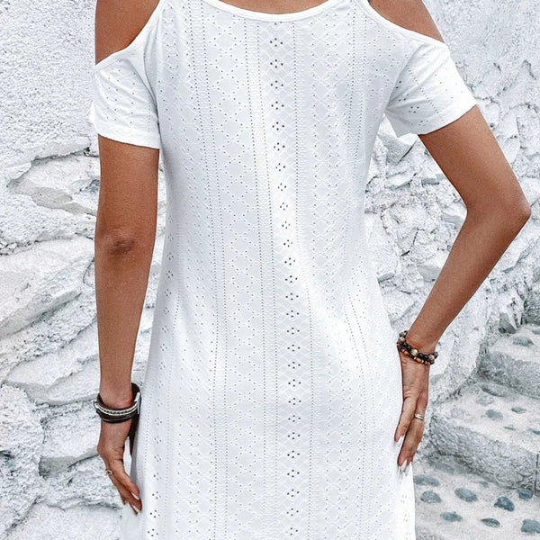 Eyelet Mini Dress - White & Black Cold Shoulder Beach Resort Dress