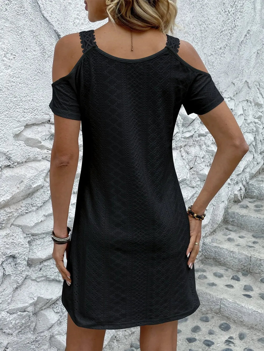 resort style eyelet mini dress white summer outfit - back view