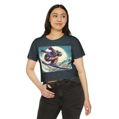 Festival - Ready Crop Top: Retro Skier Graphic Tee for Women – Young at Heart. Modern Fit. Stylish Cinched Waist. Fashion Statement. Retro graphic t-shirt. Versatile streetwear. Y2K fashion.