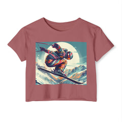 Festival - Ready Crop Top: Retro Skier Graphic Tee for Women – Young at Heart. Modern Fit. Stylish Cinched Waist. Fashion Statement. Retro graphic t-shirt
