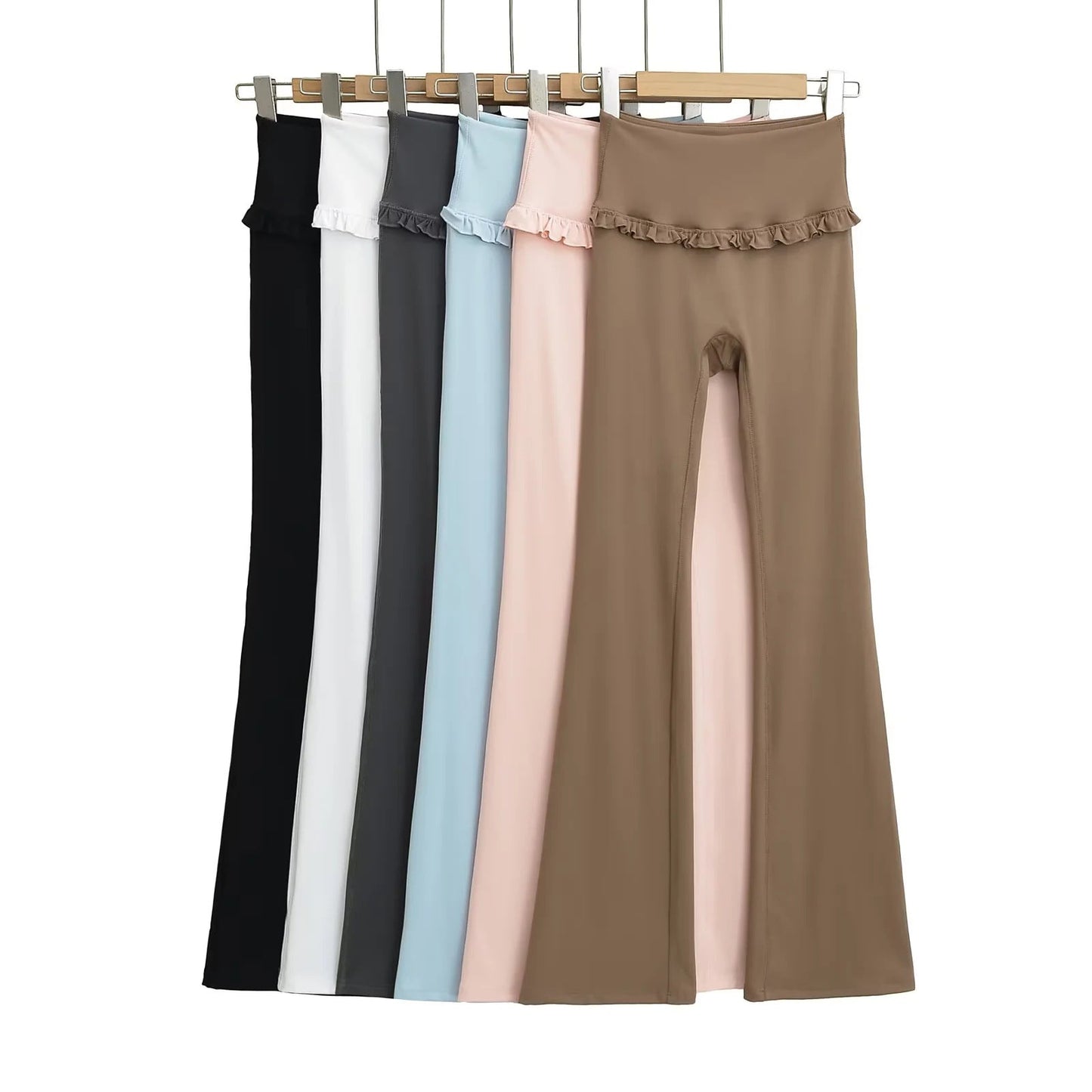 Flared Yoga Pants with Ruffle Hem: High‑Waist Solid Color Streetwear Pants