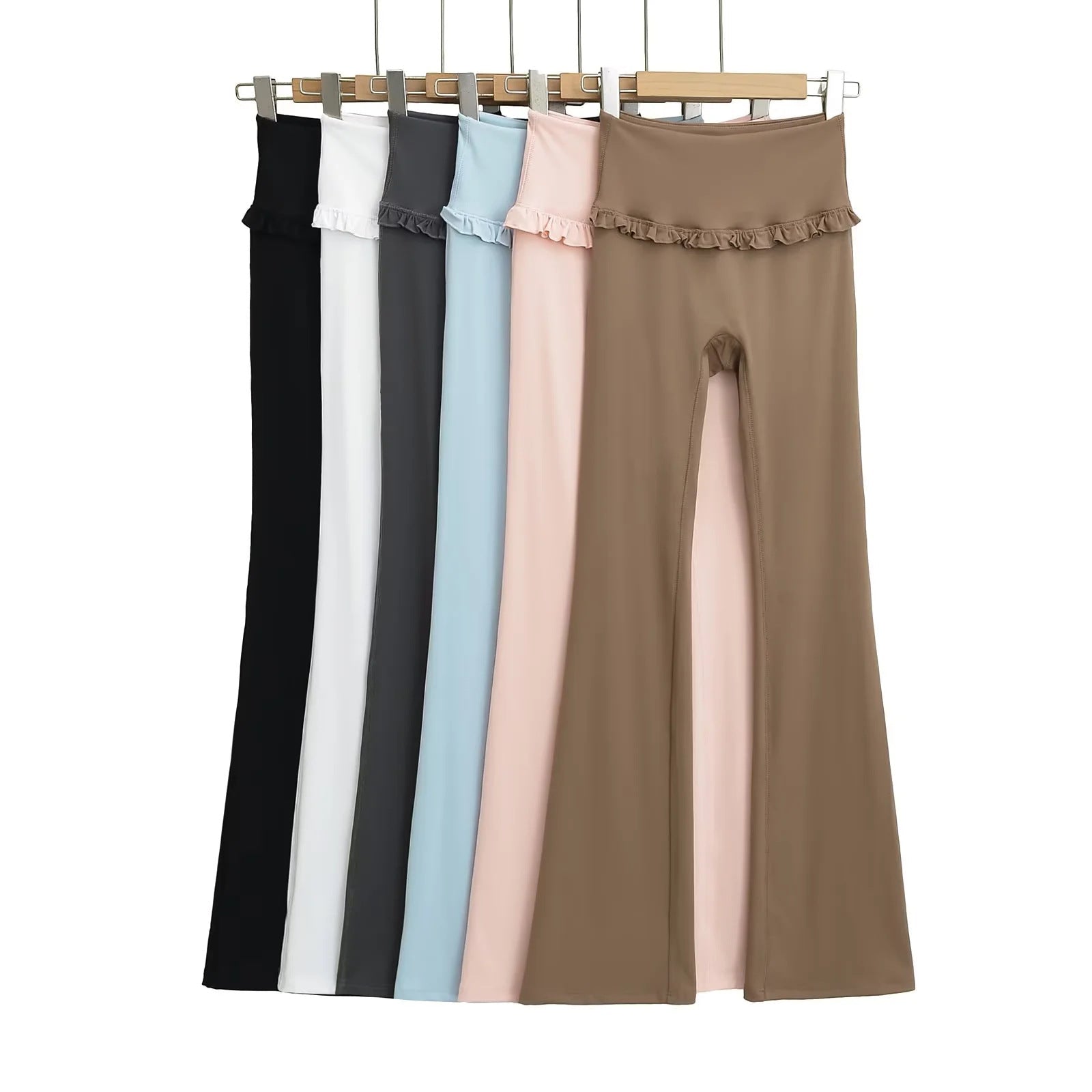 Flared Yoga Pants with Ruffle Hem: High‑Waist Solid Color Streetwear Pants