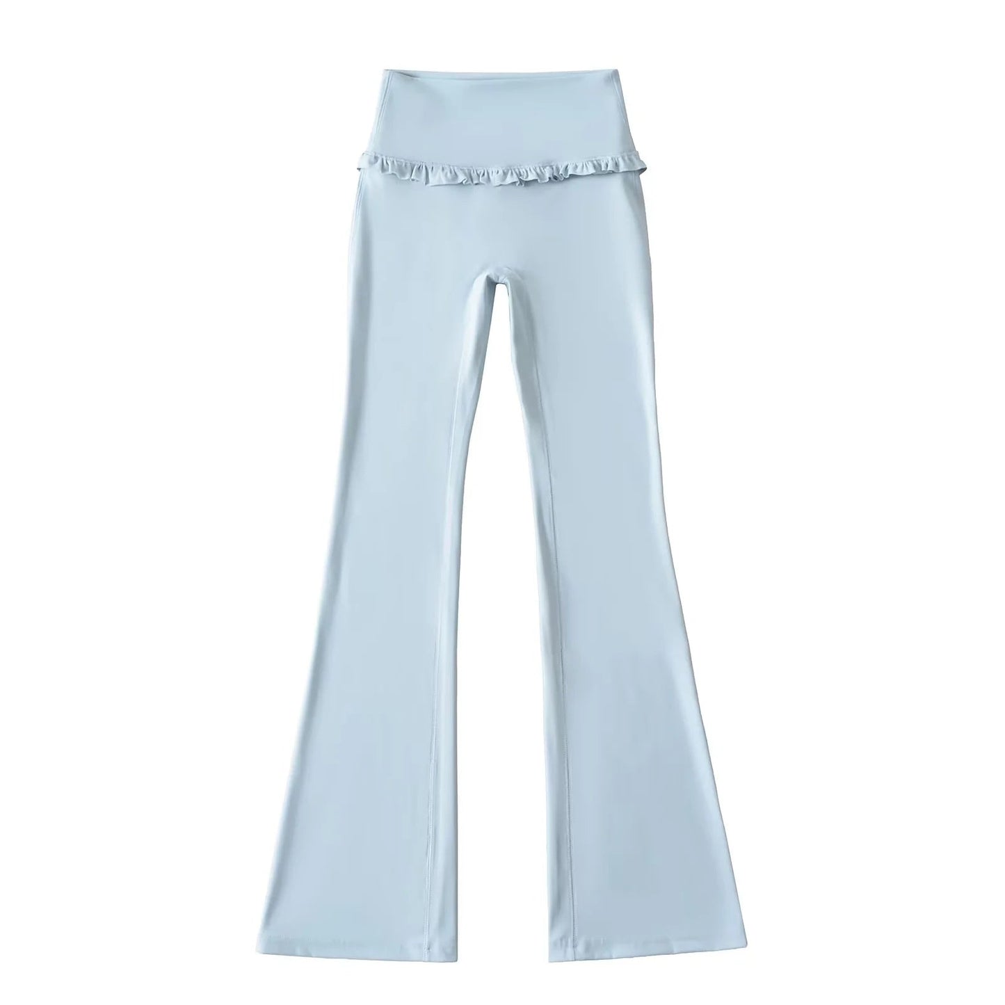 Solid color flared yoga pants with feminine ruffle hem