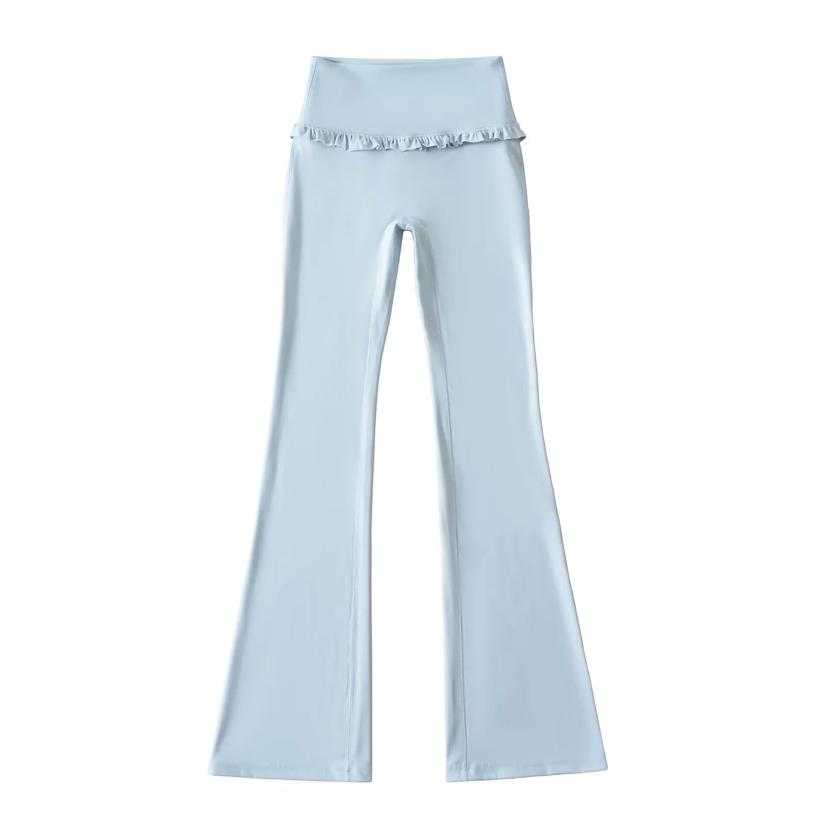 Solid color flared yoga pants with feminine ruffle hem