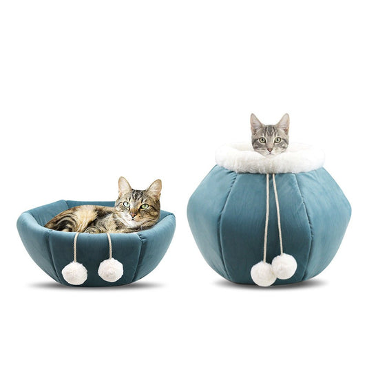 Foldable Velvet Cat Bed - Cozy Bowl or Snuggly Nest with Cushion and Pom Poms - 3 Colors Available