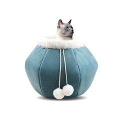 Foldable Velvet Cat Bed - Cozy Bowl or Snuggly Nest with Cushion and Pom Poms - 3 Colors Available. Cat bed with pom poms for pet well-being and cat entertainment.