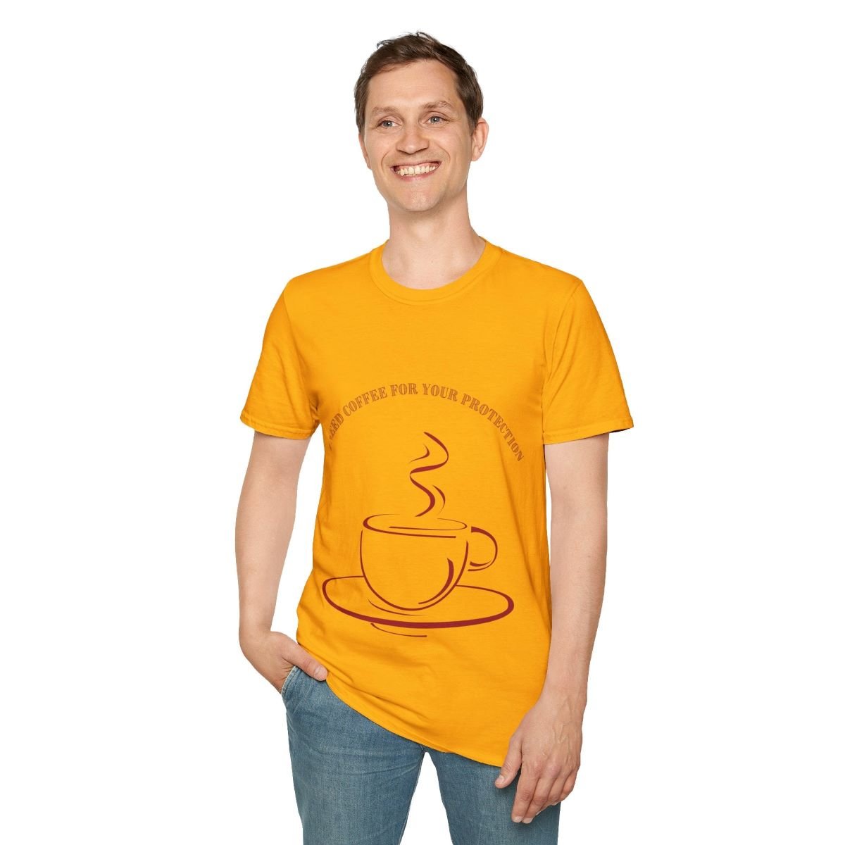 Graphic Tee: "I Need Coffee for Your Protection” Crewneck Cotton T-Shirt. Great for Layering.