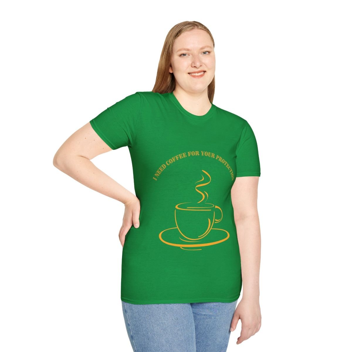 Graphic Tee: I Need Coffee for Your Protection” Crewneck Cotton T-Shirt. Great for Layering. Gift for Coffee Lovers. -