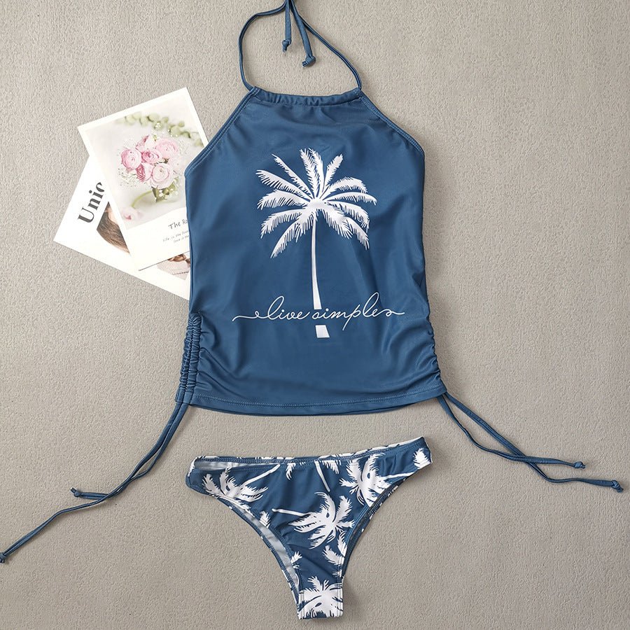 Graphic tankini swimsuit with a supportive halter neckline and side tie bottom adjustment. This women’s adjustable tankini swimsuit allows mix and match styling with a secure, flattering fit.