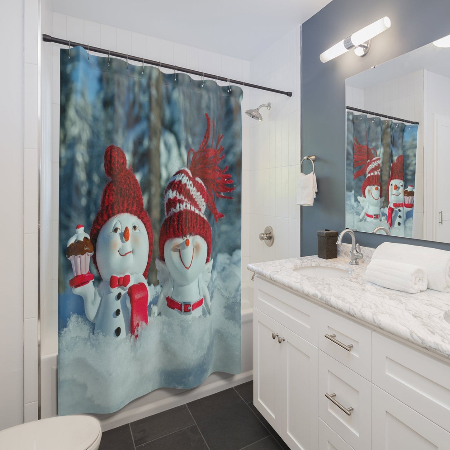 Children's Christmas Shower Curtain - Enchanting Snowmen for Winter - Themed Kids Bathroom Decor.