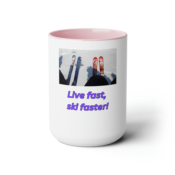 “Live Fast, Ski Faster” Two-Tone Ceramic Mug – 15oz | Year-Round Adventure I Trending Gift for Skiers
