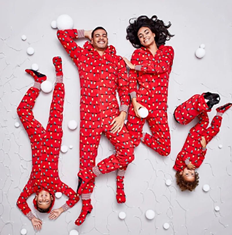 Matching Christmas PJs – Family Onesies with Hood and String Lights Print | Sizes for Baby, Kids, Mom, and Dad