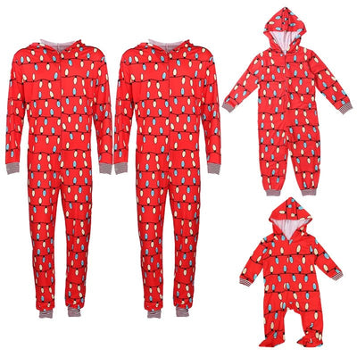 Matching Christmas PJs – Family Onesies with Hood and String Lights Print | Sizes for Baby, Kids, Mom, and Dad