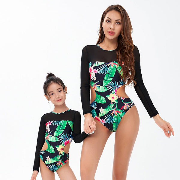 Matching Mother-Daughter Long-Sleeve Swimsuits: Create Unforgettable Moments with Our Vibrant Floral One-Piece Swimwear!