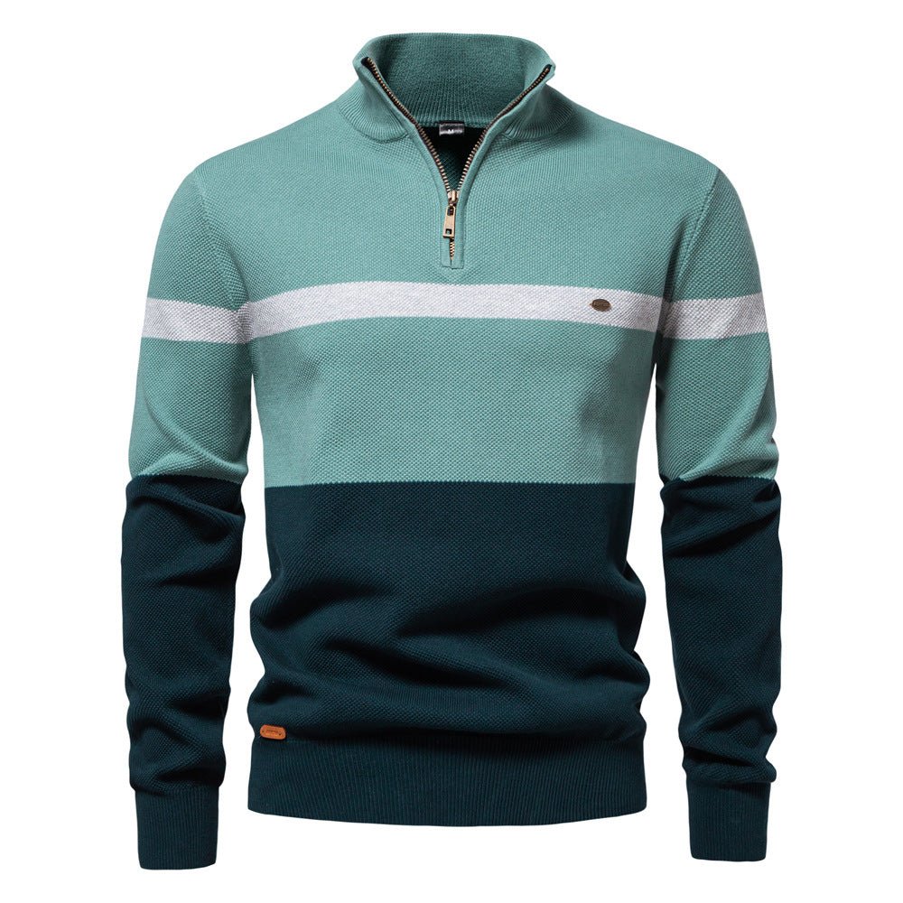 Versatile men's cardigan for work and weekend. Classic pullover polo sweater in cotton blend. Men's sweater with structured stand collar. Warm and breathable men's cardigan sweater. 