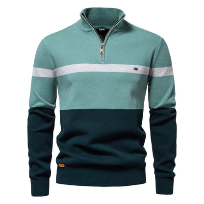 Versatile men's cardigan for work and weekend. Classic pullover polo sweater in cotton blend. Men's sweater with structured stand collar. Warm and breathable men's cardigan sweater. 