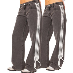 Designer striped stretchy jeans. Relaxed fit jeans with stripes. Best denim for women. Best jeans for women. Flattering jeans. Travel jeans. Buy now or add to your wishlist. Embellished jeans.