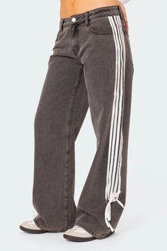 Modern Striped Distressed Loose-Fit Jeans: Designer Look, All-Day Comfort. Best Spring jeans for women. Designer jeans for Summer.